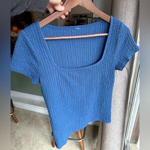 Blue Square-Neck Textured Short Sleeve Top